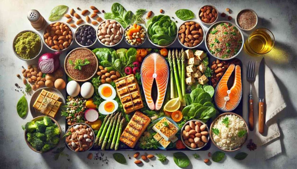 Selection of high-protein foods such as eggs and salmon for muscle building, energy, and overall health benefits